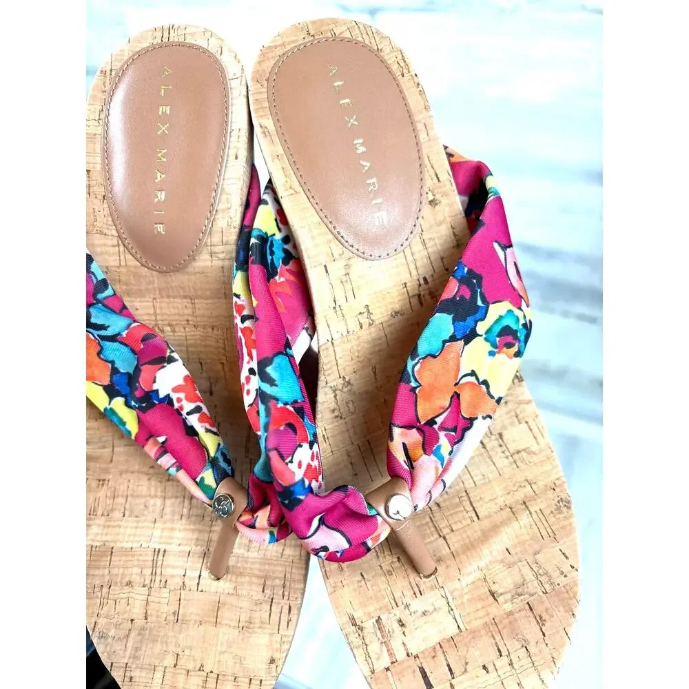 Alex Marie Womens 7.5 Multicolor Floral Fabric Cork Wedge Slip On Sandals NEW